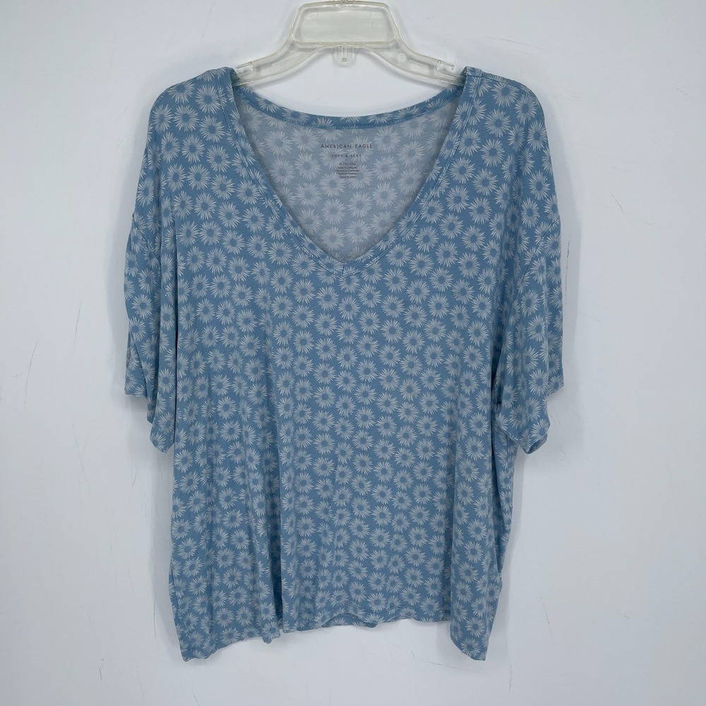 American Eagle Women's Blue Modal Blend Floral Soft Sexy V-Neck T-Shirt Size XL